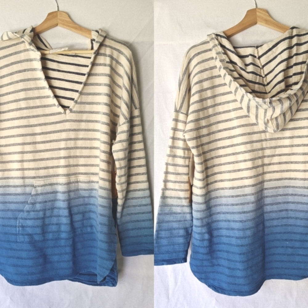 Green Dragon Set Sail Angie Ombre Striped Hoodie Pull Over Blue Cream M New